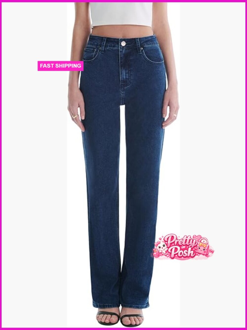 High Waisted Straight Leg Stretchy Jeans Trendy Wide Leg Denim Pants with Deep